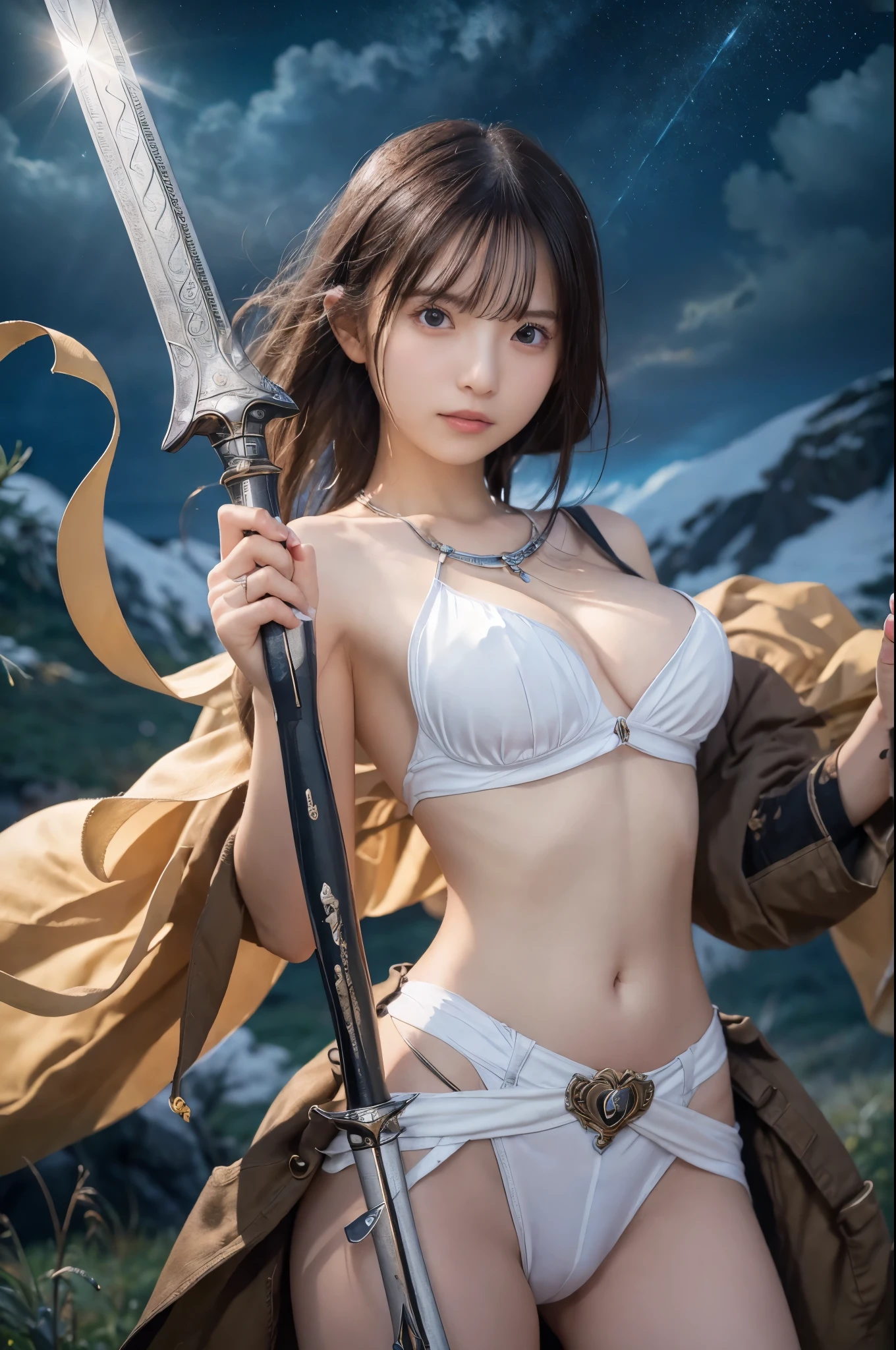 (Raw photo:1.2), (realistic), beautiful detailed girl, highly detailed eyes and face, thin and beautiful eyes, huge file size, High resolution, very detailed, highest quality, [table top:1.6], shape, very detailed, small details, highest quality, 8k wallpaper, movie lighting, Japanese female heroine of RPG game, under the dark sky, In the wilderness with no one, holding a holy sword in hand、Raise it to the sky, A ray of light is emitted from the tip of the sword.., The light emitted from the sword pierces the dark sky.., naked heroine, There is no top, I can see your nipples, I can see white pants, young face, slender body, Short hair fluttering in the wind, small breasts, exposed nipples, game scene, fighting heroine, fight naked, Desolate wilderness, thundercloud, severe thunderstorm, 