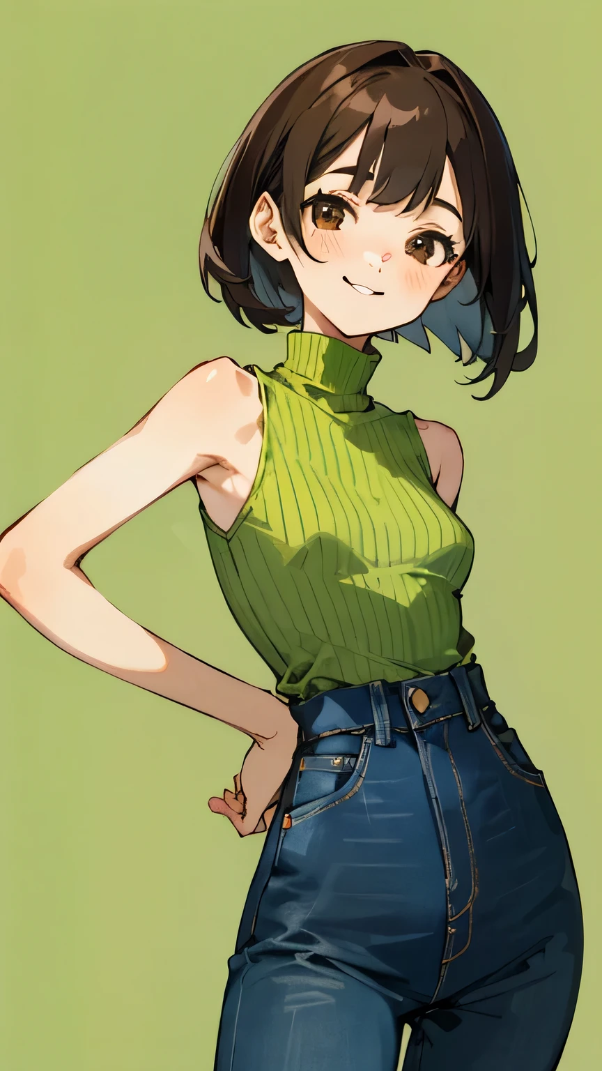 Brown haired young woman, beautiful, bob hair, brown eyes, slim, small to medium breasts, smiling, sleeveless turtleneck, high waisted denim pants, soft smile, Tokyo.