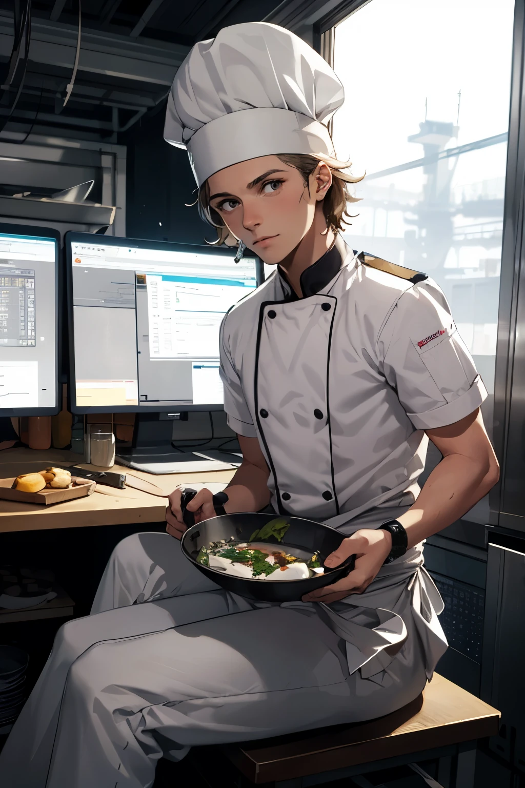 Ridiculous resolution, high resolution, (chef-d'artwork:1.4), hyper-retailer, 1 jeune femme, cheveux roux courts, combinaison de pilotage, Sitting in an extremely narrow and closed mechanical control room, Operate the mechanical pole, Devant la fenêtre se trouve le monde sous-marin, L'expression est excitée, Dans les profondeurs de la mer