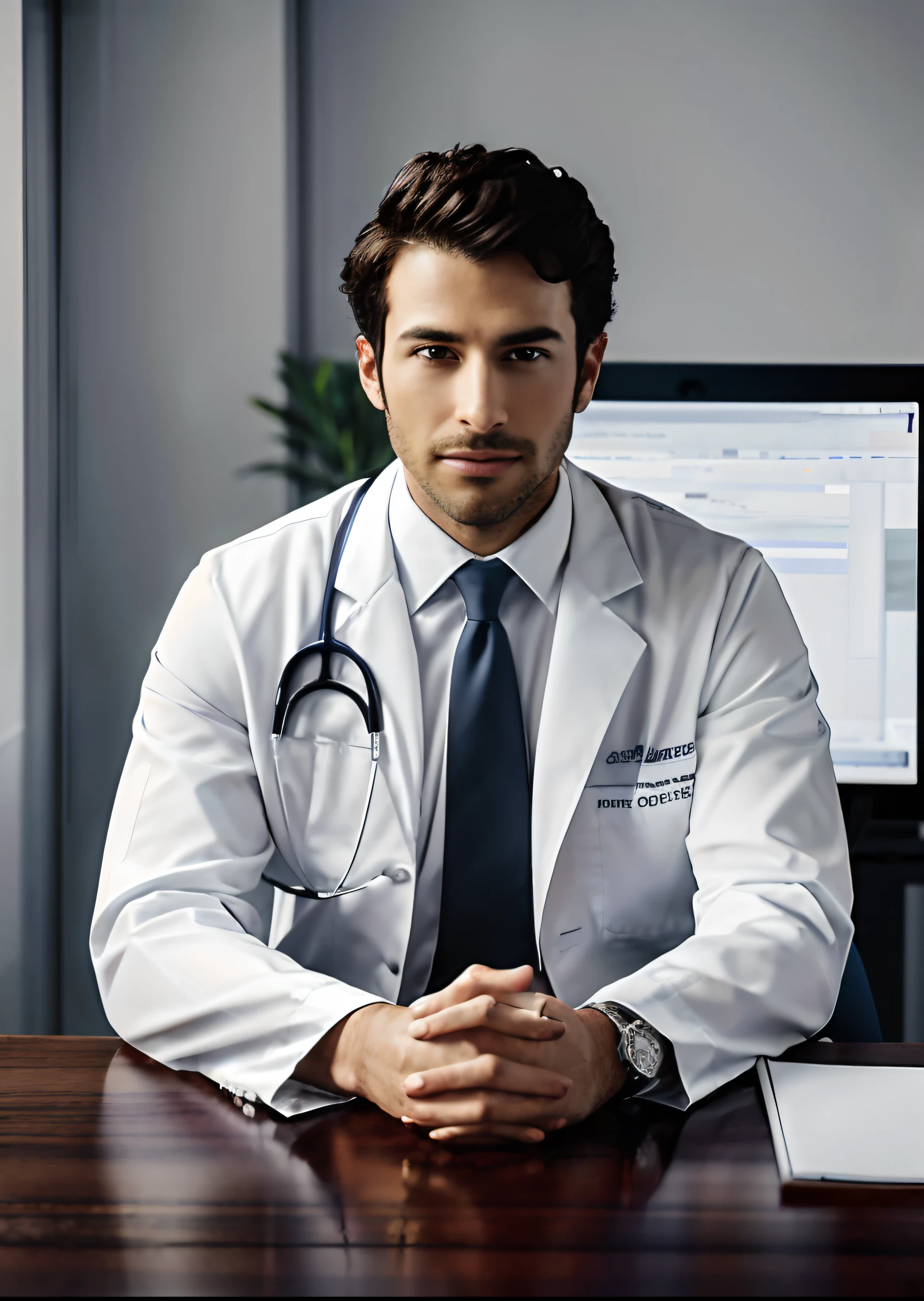 homem arafiado de terno branco e gravata sentado em uma mesa, foto de um homem, sentado na mesa, Wearing a doctor's outfit, foto corporativa, homem bonito, retrato profissional hd, wearing white doctor suit, sentado em uma mesa, a foto de um homem, bonito e atraente, foto de perfil profissional, homem atraente, sitting behind the table