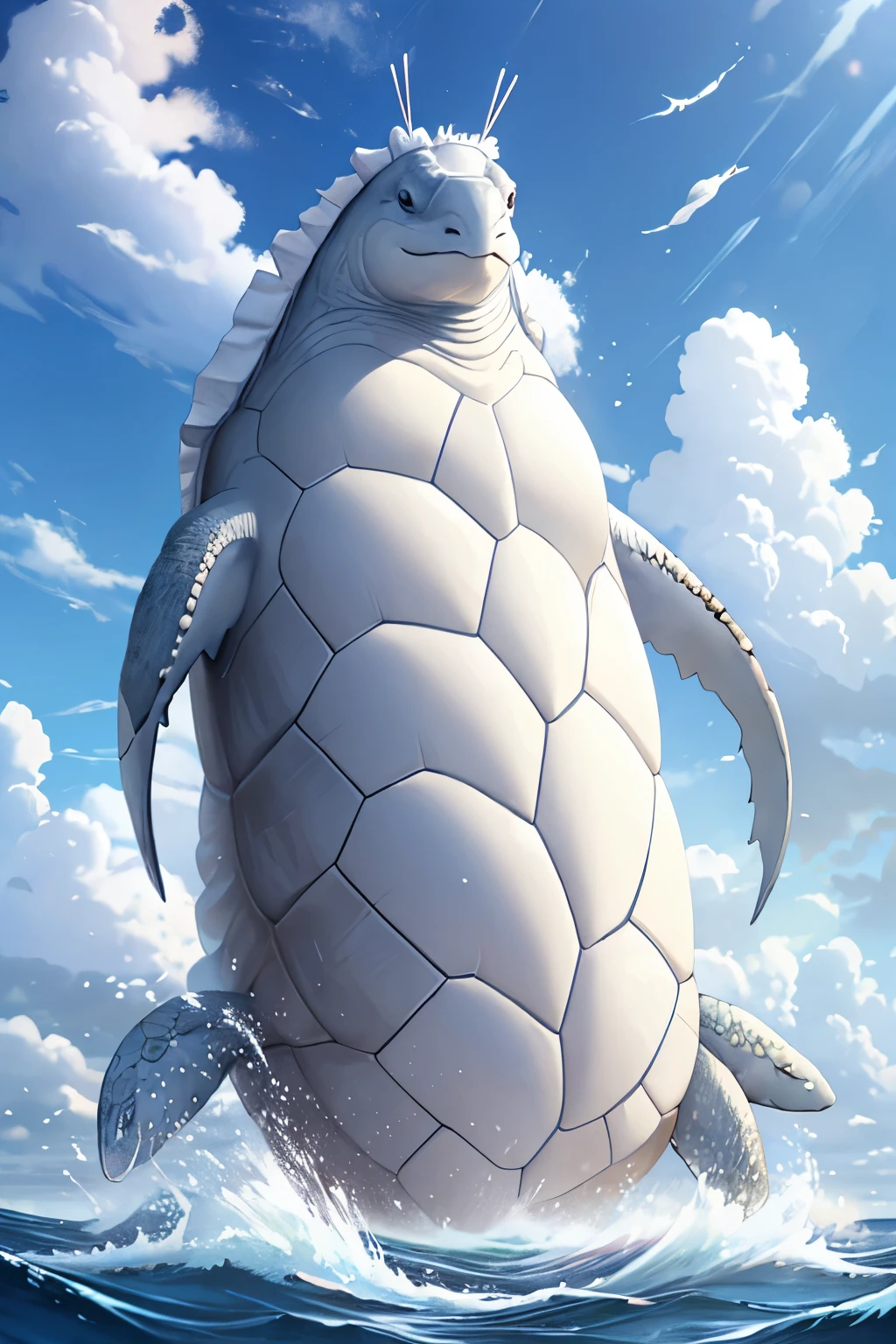 Mythical beast that is protector of the seas, head and tail of beluga with body and shell of a turtle.