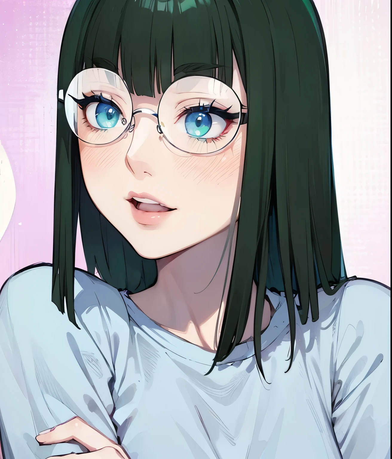 (masterpiece, best quality:1.4), (extremely detailed, 8k, uhd), cinematic shot, natural lighting, ultra highres, vibrant rich colors, (beautiful, aesthetic, perfect, delicate, intricate:1.2), (sharp focus, from front:1.3), eye level shot, 1girl, portrait of a anime girl, young, green hair, (extremely hot, attractive, beautiful, sexy, feminine:1.2) sexy, provocative, evil eyes, serious look, expressive blue eyes, long eyelashes, relaxed (evil smiling:1.2), full body (beautiful detailed face, highly detailed skin, green eyes), gorgeous, breathtaking beauty, seductive, captivating, pale skin, perfect female figure, (slim:0.5), (glasses), (highly saturated lipstick, luscious thick lips), intricate details, daytime, award winning photography, detailed background, volumetric fx, anime, hyper-detailed