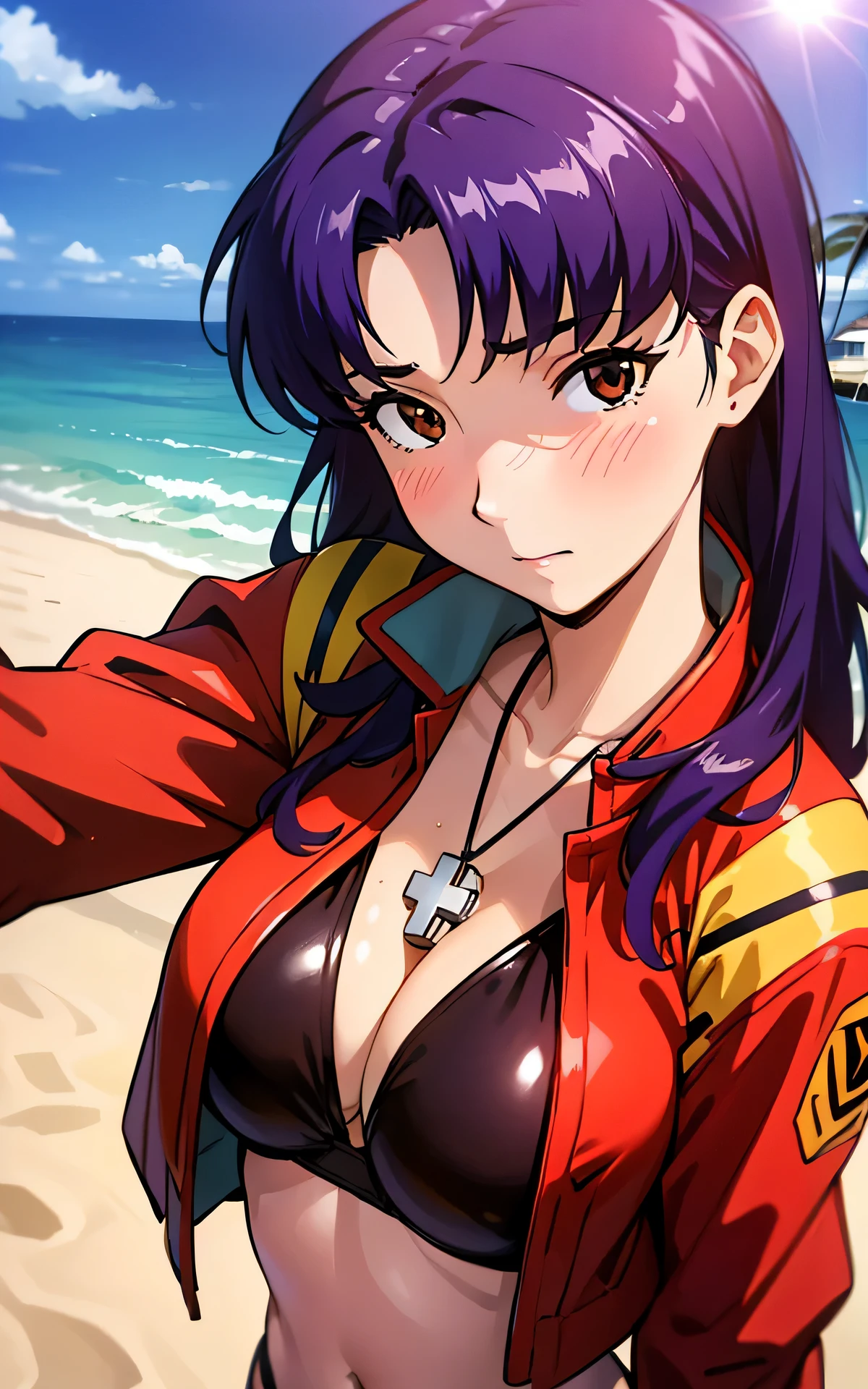 realisticlying，extremely detailed CG、high resolution、absurderes:1.8、detailed background:1.3、beautiful detailed hair、、、、1woman, attire: black bikini、jacker, Red jacket,、middlebreast、 (((brown-eyed、 sunny sea))), Purple hair, Medium Hair, cross necklace, slim waist、((Misato katsuragi))、NERV、Perfectly detailed face、(blush:1.3, sunny sea),
