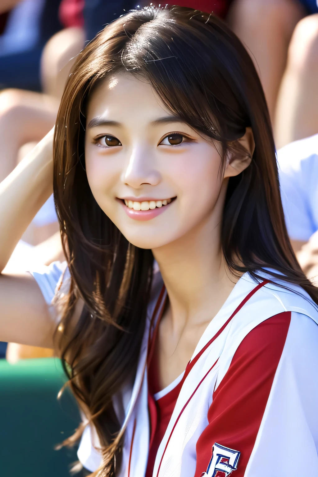masterpiece, highest quality, Photoreal, Super detailed, finely, High resolution, 8k wallpaper, Professional, Advanced level of detail, Female college student watching soccer, Slender Japan woman, ((facing the front)), detailed clavicle, Medium chest、perfect face, medium long hair, soccer uniform、shorts、gentle smile
