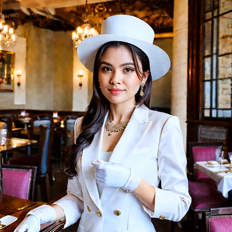 (masterpiece, best quality:1.2), young lady in restaurant, classic suit, white gloves, purse, hat, elegant, classy, aristocratic, portrait, ultra realistic