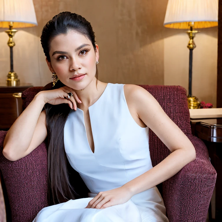 (masterpiece, best quality:1.2), 1girl, solo, portrait, sitting on chair, rich hotel room, luxury style, elegant woman, hair pulled back