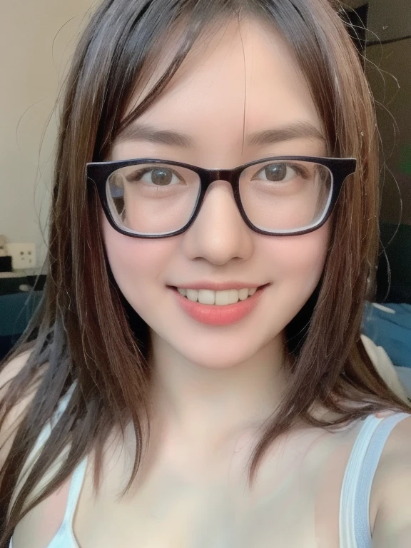 (realistic、masterpiece、Best Quality、8K、highres、high resolution:1.3)、1 glasses girl、smile, Huge breasts、white bikini、pale white skin、looking at viewers、super fine face and eyes、long hair、indoor、 upper body、