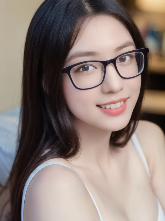 (realistic、masterpiece、Best Quality、8K、highres、high resolution:1.3)、1 glasses girl、smile, Huge breasts、white bikini、pale white skin、looking at viewers、super fine face and eyes、long hair、indoor、 upper body、