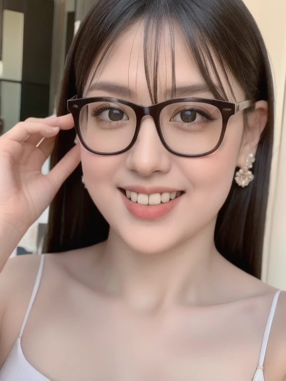 (realistic、masterpiece、Best Quality、8K、highres、high resolution:1.3)、1 glasses girl、smile, Huge breasts、white bikini、pale white skin、looking at viewers、super fine face and eyes、long hair、indoor、 upper body、
