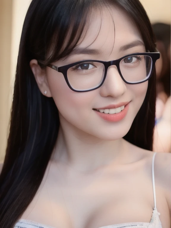 (realistic、masterpiece、Best Quality、8K、highres、high resolution:1.3)、1 glasses girl、smile, Huge 、white bikini、pale white skin、looking at viewers、super fine face and eyes、long hair、indoor、 upper body、