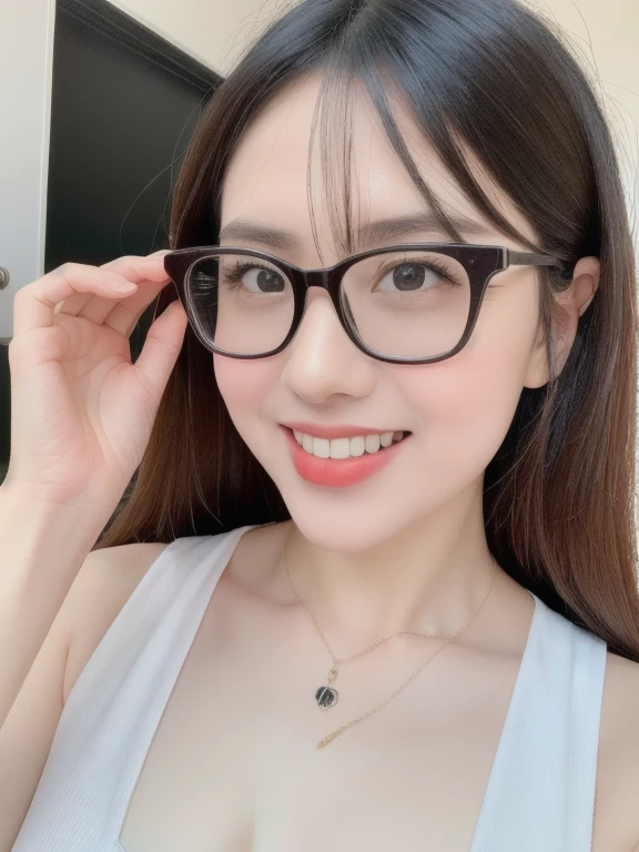 ((realistic, pale white skin:1.3,high resolution:1.3)), 1 girl with perfect figure, thin round glasses, smile, super fine face and eyes, long hair, white lace veil: 1.2 , in bedroom, sit on the bed, gigantic breasts, exposed cleavage