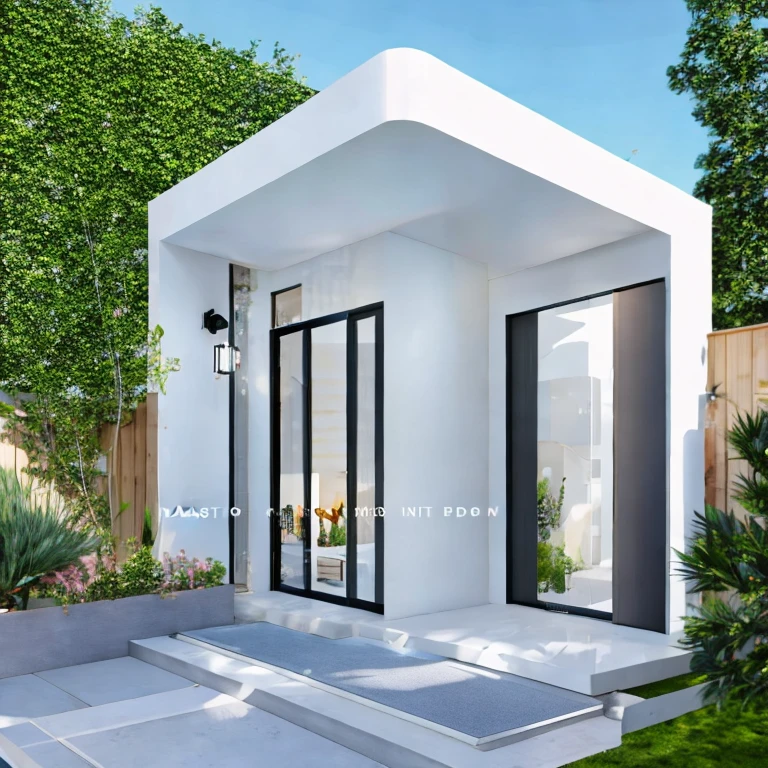 (masterpiece, best quality:1.2), modern house, 1 story, white color, outdoor light, ceiling light, moldings , gate , glass door , vray render , best design architecture, architecture photo