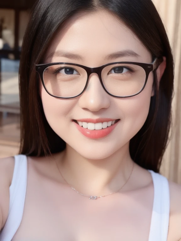 (realistic、masterpiece、Best Quality、8K、highres、high resolution:1.3)、1 glasses girl、Huge breasts、smile, white bikini、pale white skin、looking at viewers、super fine face and eyes、long hair、indoor、 upper body、