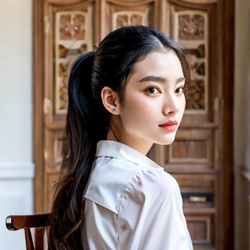 (masterpiece, best quality:1.2), 1girl, solo, portrait, sitting on chair, elegant woman, hair pulled back