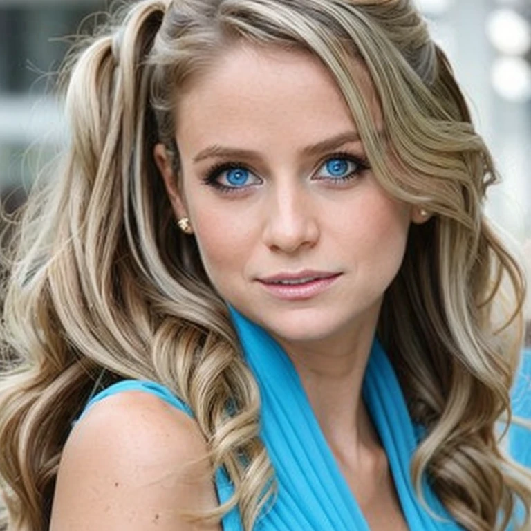 "Create a sophisticated portrait of a young woman in a professional setting. She has blonde, wavy hair, striking blue eyes with smoky makeup, and a confident gaze. Her attire is a layered ensemble with a white scoop-neck inner top and an elegantly draped blue cowl-neck outer garment. The background should be a soft, neutral cream to keep the focus on her poised and stylish appearance. The lighting is soft, casting gentle shadows that highlight her high cheekbones and defined jawline, conveying a sense of poise and self-assurance. --ar 3:4 --v 6.0 --style raw",