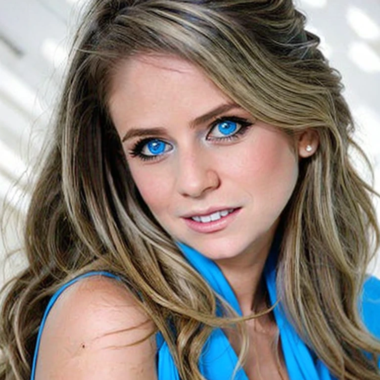 "Create a sophisticated portrait of a young woman in a professional setting. She has blonde, wavy hair, striking blue eyes with smoky makeup, and a confident gaze. Her attire is a layered ensemble with a white scoop-neck inner top and an elegantly draped blue cowl-neck outer garment. The background should be a soft, neutral cream to keep the focus on her poised and stylish appearance. The lighting is soft, casting gentle shadows that highlight her high cheekbones and defined jawline, conveying a sense of poise and self-assurance. --ar 3:4 --v 6.0 --style raw",