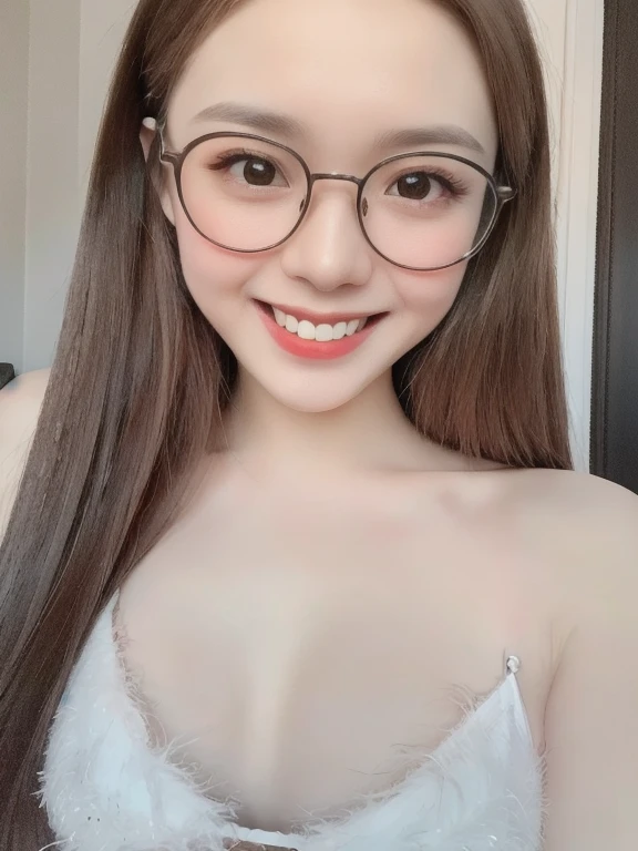 (realistic、masterpiece、Best Quality、8K、highres、high resolution:1.3)、1 glasses girl、Huge breasts、smile、white bikini、pale white skin、looking at viewers、super fine face and eyes、long hair、indoor、 upper body、