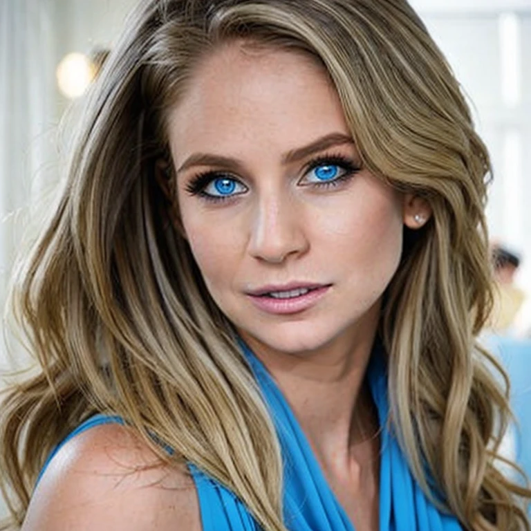 "Create a sophisticated portrait of a young woman in a professional setting. She has blonde, wavy hair, striking blue eyes with smoky makeup, and a confident gaze. Her attire is a layered ensemble with a white scoop-neck inner top and an elegantly draped blue cowl-neck outer garment. The background should be a soft, neutral cream to keep the focus on her poised and stylish appearance. The lighting is soft, casting gentle shadows that highlight her high cheekbones and defined jawline, conveying a sense of poise and self-assurance. --ar 3:4 --v 6.0 --style raw",