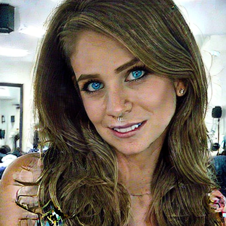 "Create a sophisticated portrait of a young woman in a professional setting. She has blonde, wavy hair, striking blue eyes with smoky makeup, and a confident gaze. Her attire is a layered ensemble with a white scoop-neck inner top and an elegantly draped blue cowl-neck outer garment. The background should be a soft, neutral cream to keep the focus on her poised and stylish appearance. The lighting is soft, casting gentle shadows that highlight her high cheekbones and defined jawline, conveying a sense of poise and self-assurance. --ar 3:4 --v 6.0 --style raw",