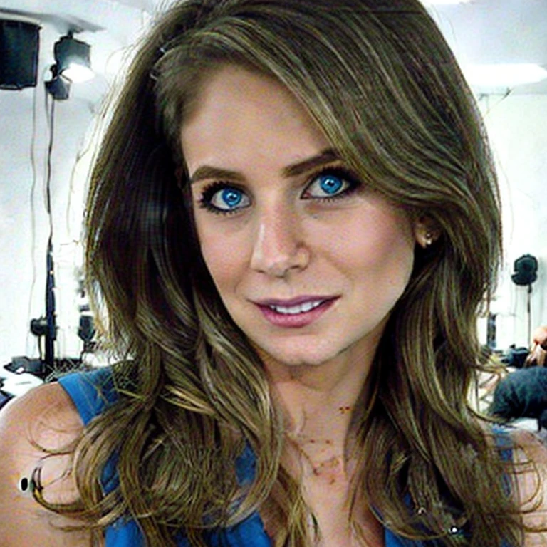 "Create a sophisticated portrait of a young woman in a professional setting. She has blonde, wavy hair, striking blue eyes with smoky makeup, and a confident gaze. Her attire is a layered ensemble with a white scoop-neck inner top and an elegantly draped blue cowl-neck outer garment. The background should be a soft, neutral cream to keep the focus on her poised and stylish appearance. The lighting is soft, casting gentle shadows that highlight her high cheekbones and defined jawline, conveying a sense of poise and self-assurance. --ar 3:4 --v 6.0 --style raw", 