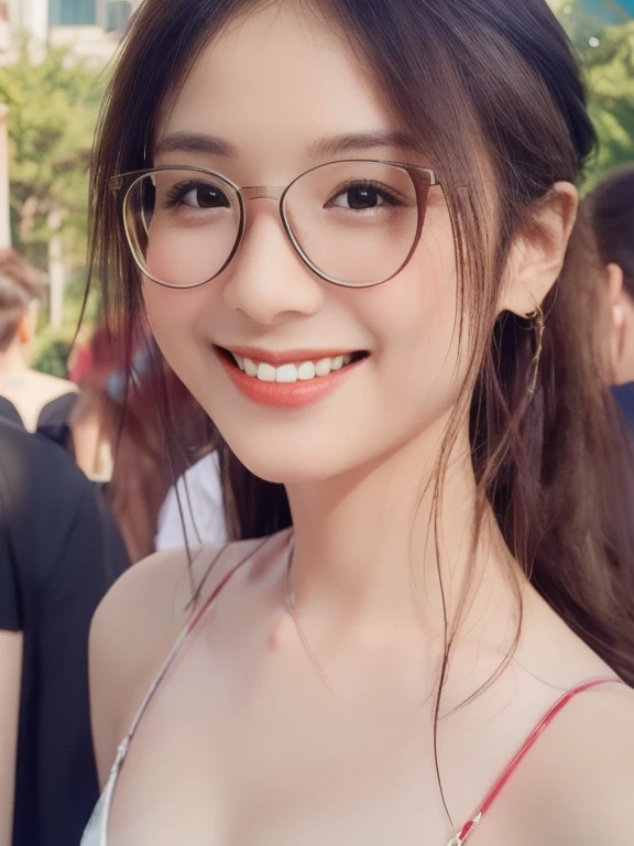 (realistic、masterpiece、Best Quality、8K、highres、high resolution:1.3)、1 glasses girl、Huge breasts、smile, white bikini、smile, pale white skin、looking at viewers、super fine face and eyes、long hair、indoor、 upper body、
