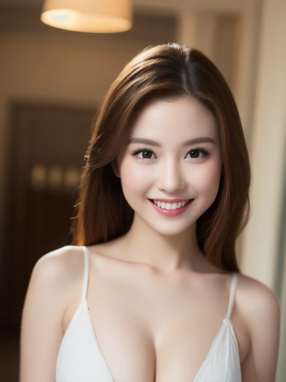 (realistic、masterpiece、Best Quality、8K、highres、high resolution:1.3)、1 glasses girl、Huge breasts、smile, white bikini、smile, pale white skin、looking at viewers、super fine face and eyes、long hair、indoor、 upper body、