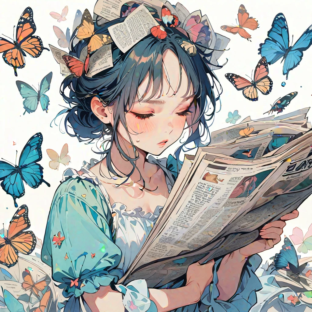(masterpiece, best quality:1.2), 1girl, solo,A girl with butterflies and newspaper clippings on her head, a detailed illustration in the style of Nene Thomas, white background, pastel colors.