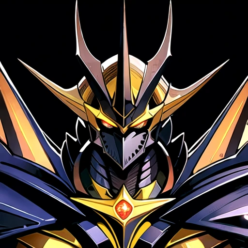(masterpiece, best quality:1.2),solo, yellow eyes, 1boy, male focus, no humans, armor, spikes, horns, looking at viewer, glowing eyes, simple background, glowing, yellow background, mecha, cape