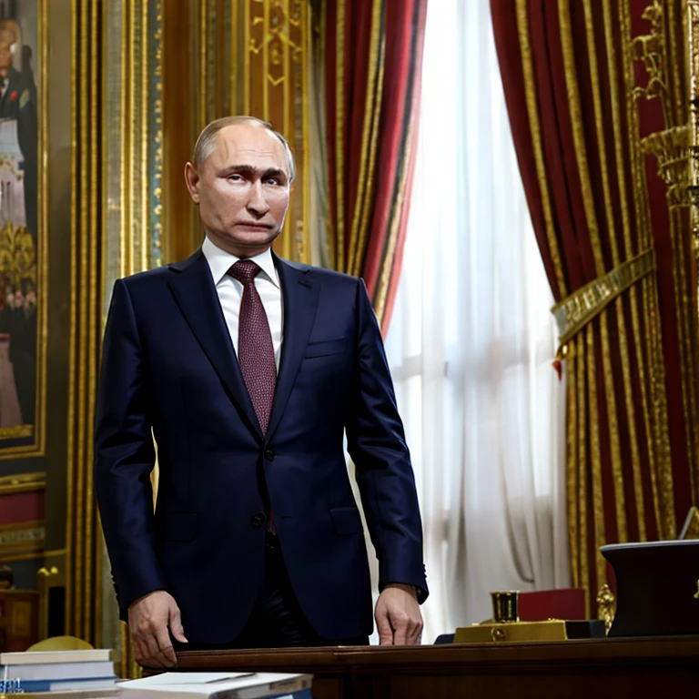 (masterpiece, best quality:1.2), 1man, vladimir putin, solo, standing, in a suit and tie, detailed skin, cinematic, in his office room in Kremlin, Moscow, Russia