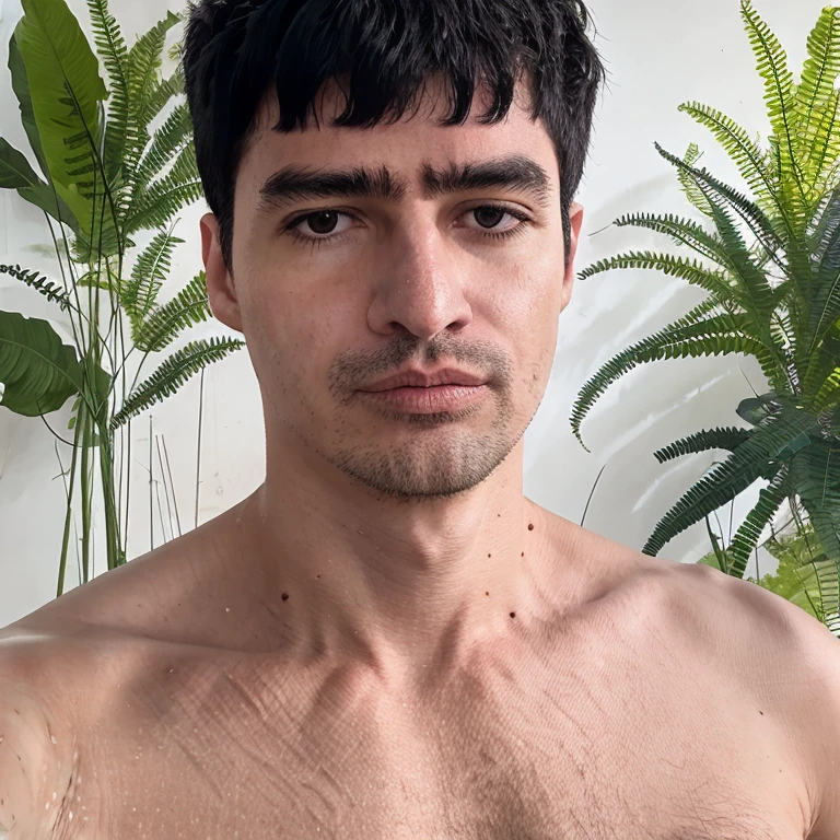 (masterpiece, best quality:1.2), 1man, solo, portrait,pink theme,looking at viewer,dark intense shadows,blue background,beautiful detailed skin, upper body