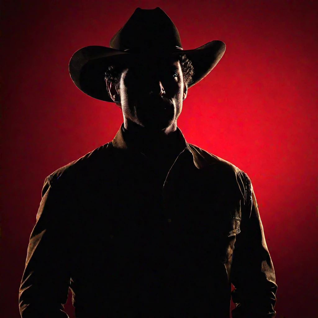 (masterpiece, best quality:1.2), 1man, solo, potlight, silhouette, looking at viewer, cowboy shot, short curly hair, gallus, simple background, red background, dark theme,