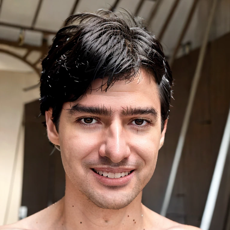 (masterpiece, best quality:1.2), 1man, solo, 1 russian man model, smile, full body, Ash black hair color, spotlight,pink theme,from below, modele pose, looking at viewer, dark intense shadows, beautiful detailed skin,orange background, smile, koriden Every time that I look in the mirror, All these lines on my face getting clearer, The past is gone, 70mm, canon EOS,  dark fabric background, model pose