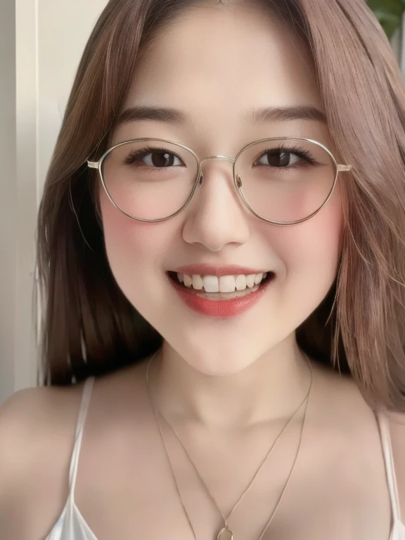 (realistic、masterpiece、Best Quality、8K、highres、high resolution:1.3)、1 glasses girl、Huge breasts、smile、white bikini、straight white teeth、looking at viewers、super fine face and eyes、long hair、indoor、 upper body、