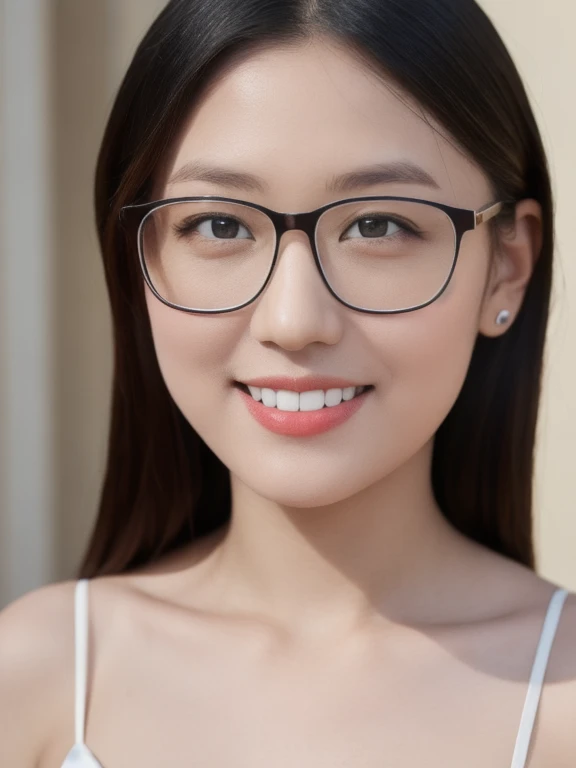 (realistic、masterpiece、Best Quality、8K、highres、high resolution:1.3)、1 glasses girl、smile, Huge breasts、white bikini、pale white skin、looking at viewers、super fine face and eyes、long hair、indoor、 upper body、