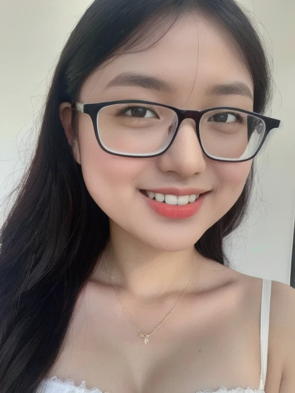 (realistic、masterpiece、Best Quality、8K、highres、high resolution:1.3)、1 glasses girl、smile, Huge breasts、white bikini、pale white skin、looking at viewers、super fine face and eyes、long hair、indoor、 upper body、