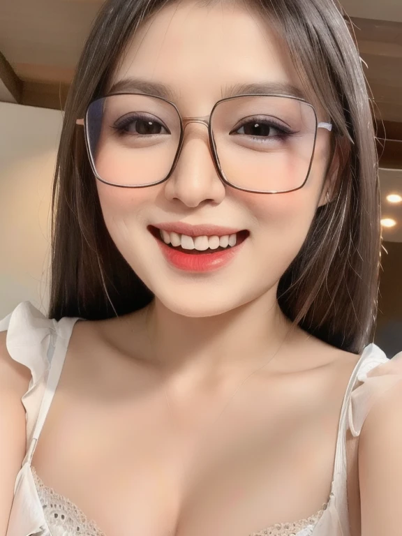 (realistic、masterpiece、Best Quality、8K、highres、high resolution:1.3)、1 glasses girl、smile, Huge breasts、white bikini、pale white skin、looking at viewers、super fine face and eyes、long hair、indoor、 upper body、