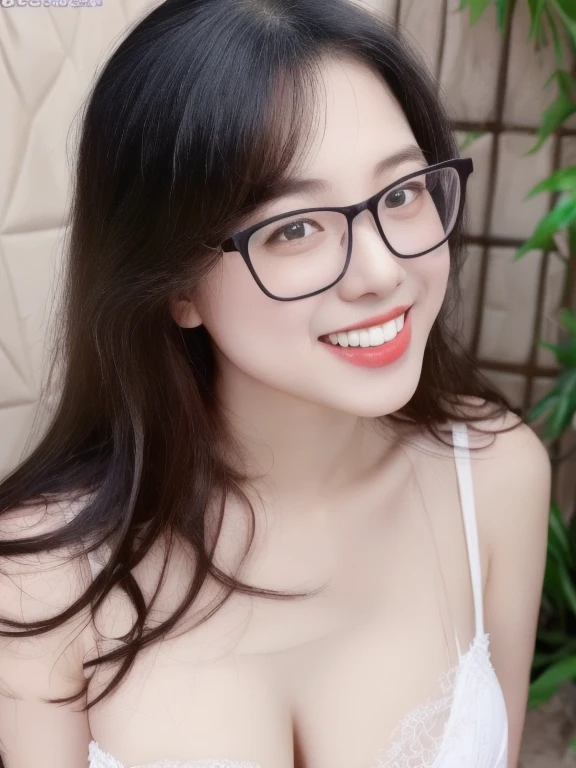 (realistic、masterpiece、Best Quality、8K、highres、high resolution:1.3)、1 glasses girl、Huge breasts、smile, white bikini、pale white skin、looking at viewers、super fine face and eyes、long hair、indoor、 upper body、