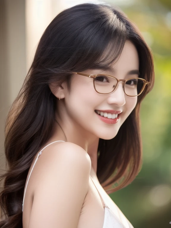 (realistic、masterpiece、Best Quality、8K、highres、high resolution:1.3)、1 glasses girl、Huge breasts、smile, white bikini、pale white skin、looking at viewers、super fine face and eyes、long hair、indoor、 upper body、