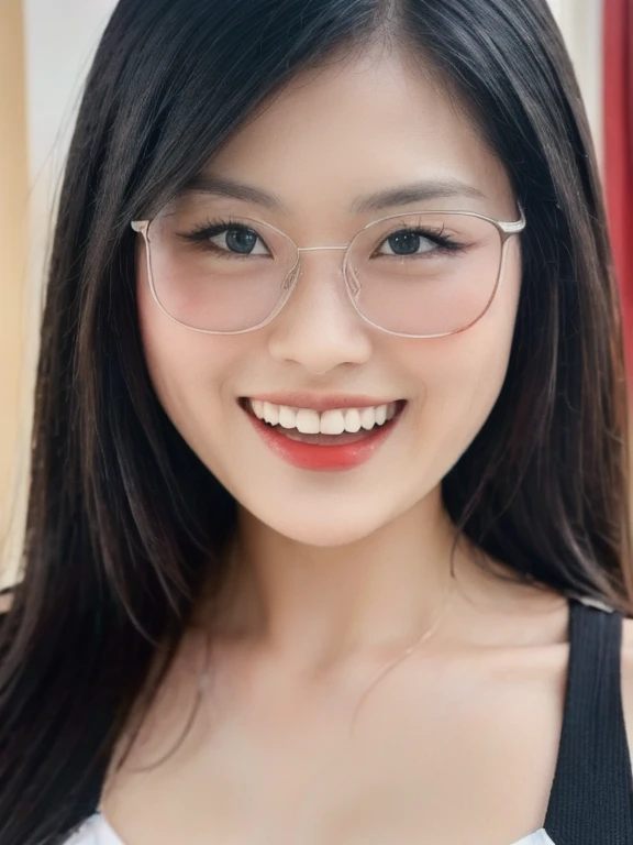 (realistic、masterpiece、Best Quality、8K、highres、high resolution:1.3)、1 glasses girl、Huge breasts、smile, white bikini、pale white skin、looking at viewers、super fine face and eyes、long hair、indoor、 upper body、