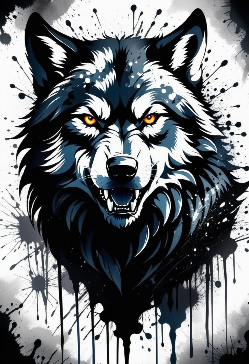 (((Dark fantasy ink splatter art:1.3))), Men Warewolf, Chaotic black strokes ink splatters, Intricate details, shadow of creature from another world, Insane beauty, Precise brushwork, amazing details, pure shine, Ink splatter coating for spooky atmosphere,