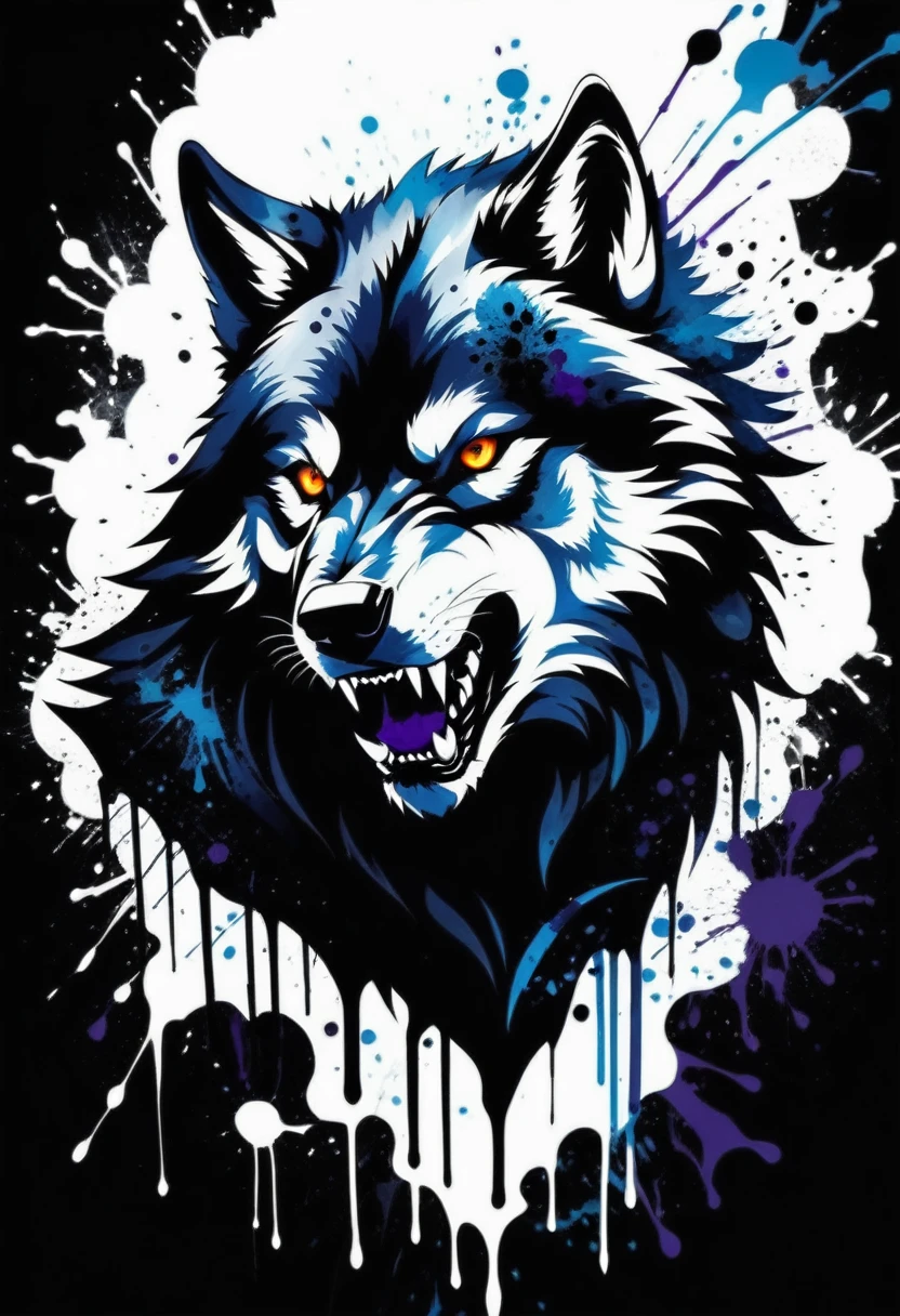(((Dark fantasy ink splatter art:1.3))), Men Warewolf, Chaotic black strokes ink splatters, Intricate details, shadow of creature from another world, Insane beauty, Precise brushwork, amazing details, pure shine, Ink splatter coating for spooky atmosphere,