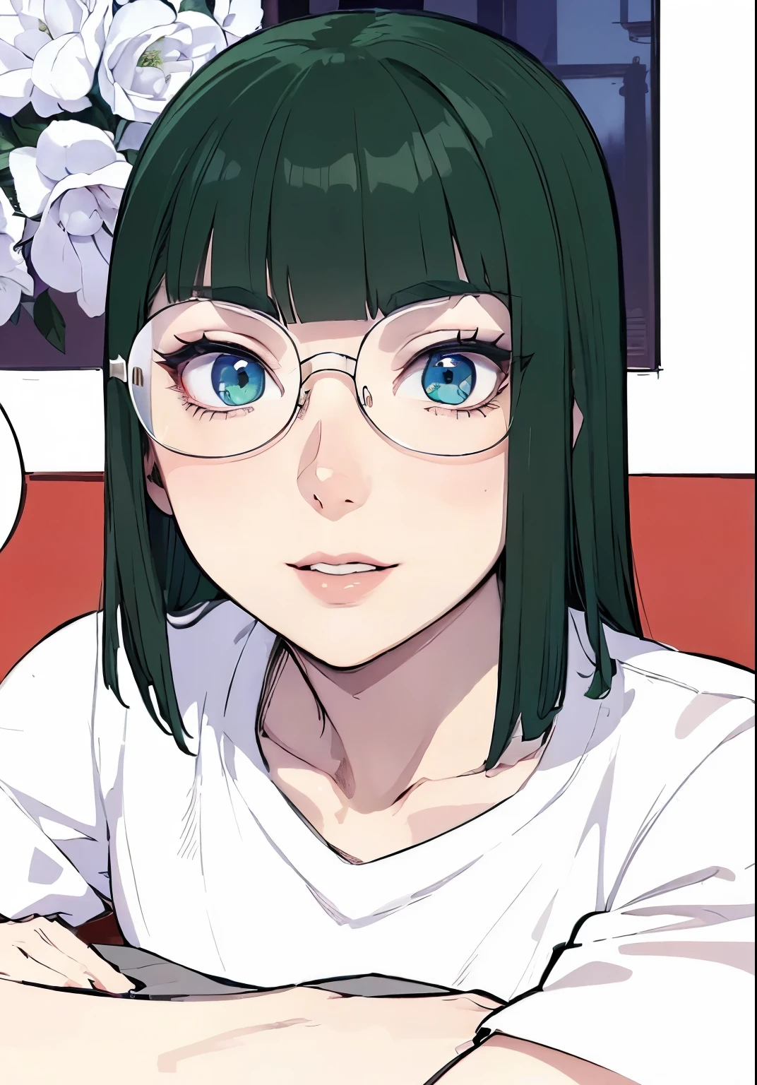 (masterpiece, best quality:1.4), (extremely detailed, 8k, uhd), cinematic shot, natural lighting, ultra highres, vibrant rich colors, (beautiful, aesthetic, perfect, delicate, intricate:1.2), (sharp focus, from front:1.3), eye level shot, 1girl, portrait of a anime girl, young, green hair, (extremely hot, attractive, beautiful, sexy, feminine:1.2) sexy, provocative, evil eyes, serious look, expressive blue eyes, long eyelashes, relaxed (evil smiling:1.2), full body (beautiful detailed face, highly detailed skin, green eyes), gorgeous, breathtaking beauty, seductive, captivating, pale skin, perfect female figure, (slim:0.5), (glasses), (highly saturated lipstick, luscious thick lips), intricate details, daytime, award winning photography, detailed background, volumetric fx, anime, hyper-detailed