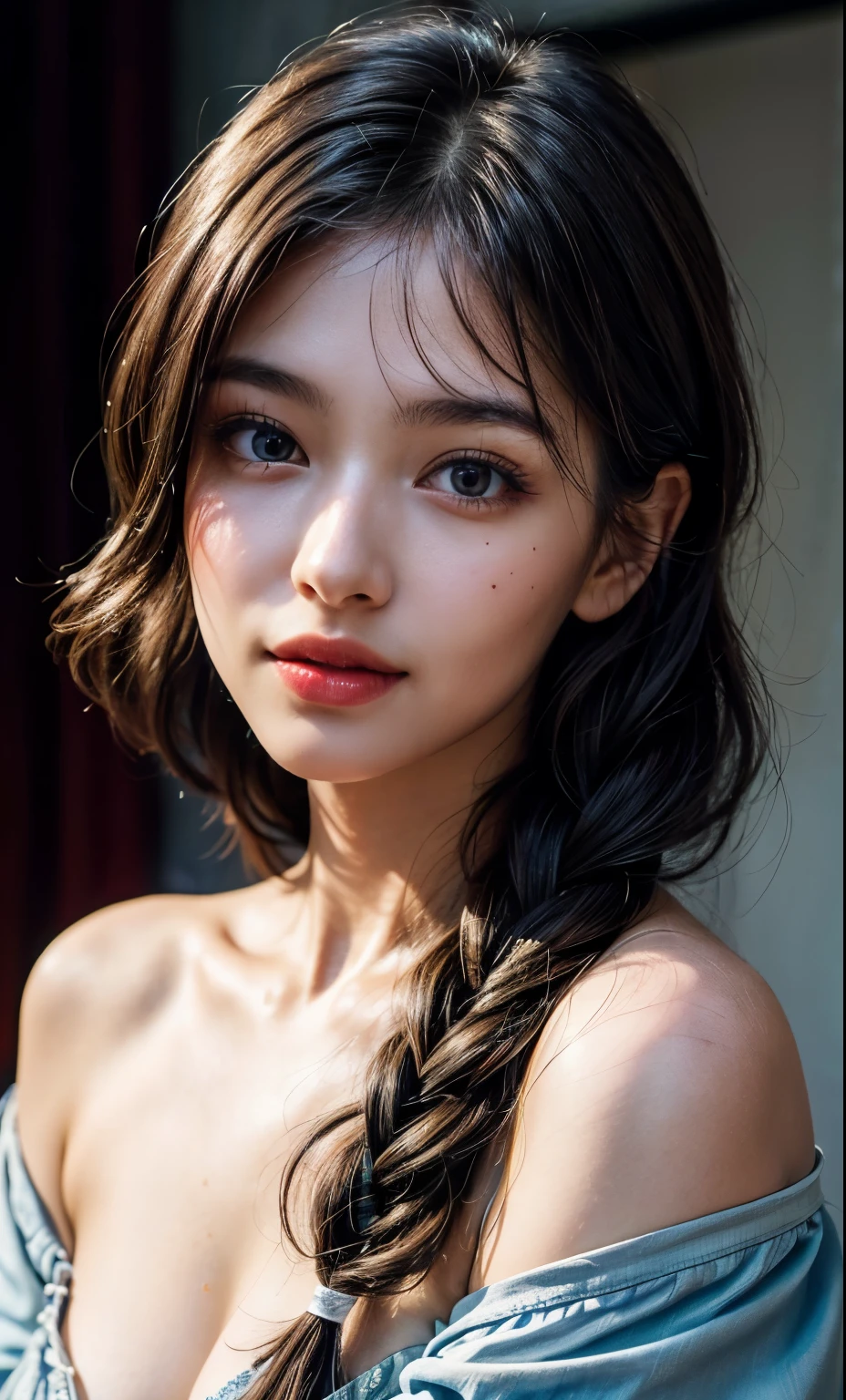 (8k, RAW photo, photorealistic: 1.25), (lip gloss, eyelashes, smiling, bright face, glowing skin, best quality, ultra high resolution, depth of field, chromatic aberration, caustic, wide lighting, natural shading) looking at the viewer with a serene bliss, diffused light, 1woman, (Ultra realistic, high res), (highly detailed eyes, highly detailed hair, highly detailed face, highly detailed plump lips), (off shoulder with open breasts), breasts, upper body, caute smile, (best quality:1.4), Raw photo, (realistic, photo-realistic:1.37), professional photography, cinematic light, (fine face: 1.2),fashion model 20 years old, cute, [[[[pure eyes]]]], [[[[closeup]]]], [[[[chest]]]], [[[[neck]]]], [[[[shoulders]]]], perfect eyes, perfect iris, perfect lips, perfect teeth, perfect skin, soft front light, glow, HDR, (muted colors:1.2), Retrato da mulher、white skin、((cabelo Castanho ondas suaves)) Best Blanco Romantico、8K resolution、Frente Illuminada、American girl portrait、solo、20-year-old、beautiful face、Upper body、medium side cut、beautiful black hair、beautiful little face woman, solo,　black theme,　look at the audience,one woman, It&#39;s real, Wolfzan-6500-V1.3, anime、anime style、beautiful diamond eyes、20 year old american girl、braided hair、swimsuit、portrait beautiful detailed woman, very detailedな青い顔, Reality, beautiful narrow blue eyes, huge file size, Super detailed, High resolution, very detailed, highest quality, masterpiece, An illustration, very detailed, ticker, Unite, 8K painting wallpaper, fine, fine details, masterpiece, highest quality, Hvery detailed ticker uniform 8K wallpaper, face light movie lighting、cute blouse, dark background, oil, masterpiece, diffused soft film lighting, Portrait, highest quality (perfect face:1.4),stunning girl pictures,(8K and、photorealistic:1.25) 、(lip gloss、eyelashes、shiny face、shiny skin、highest quality、超High resolution、Depth of the bounds written、chromatic aberration、caustic road lighting、natural shading、sexy 1girl, Extremely cute,