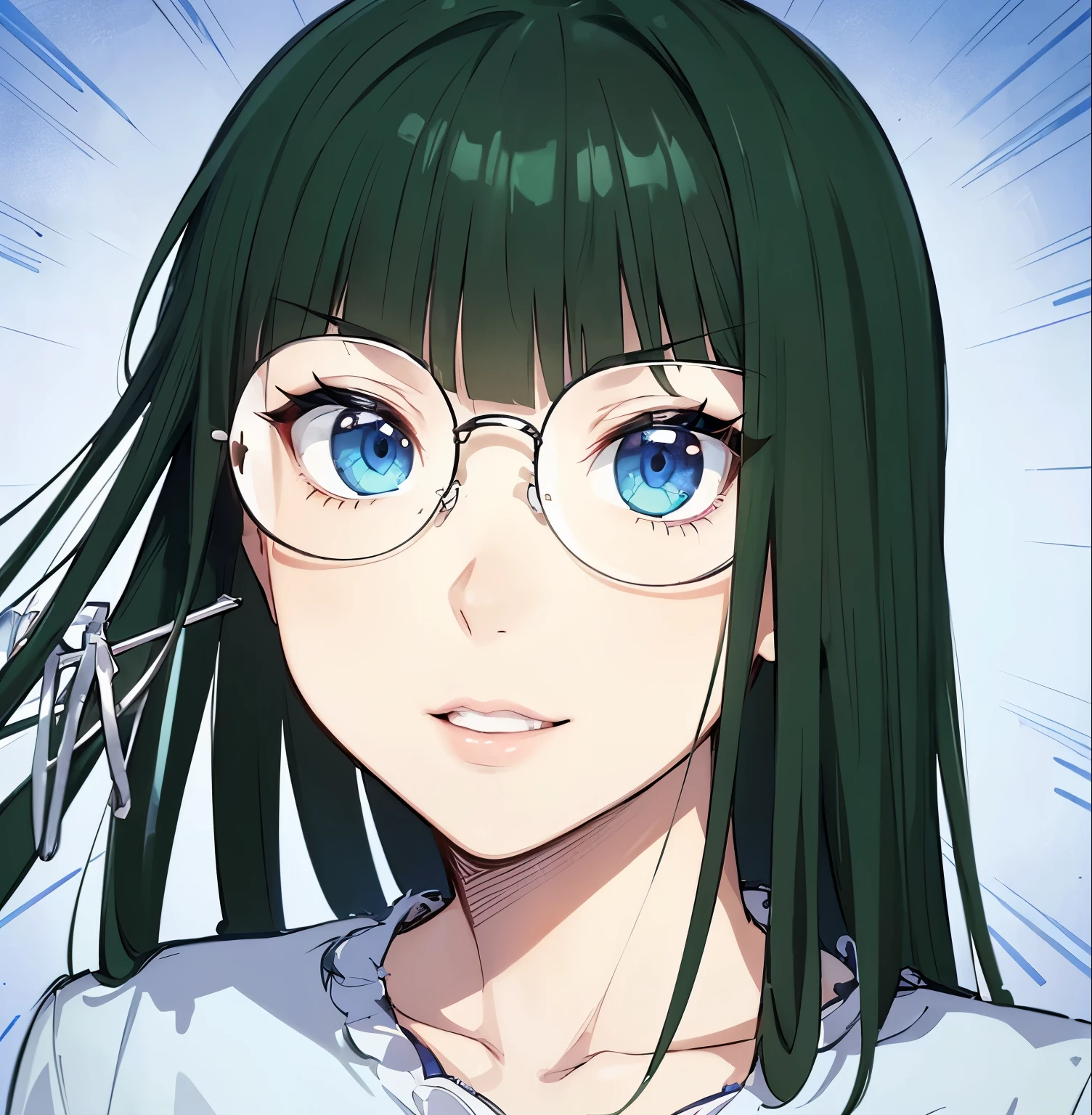(masterpiece, best quality:1.4), (extremely detailed, 8k, uhd), cinematic shot, natural lighting, ultra highres, vibrant rich colors, (beautiful, aesthetic, perfect, delicate, intricate:1.2), (sharp focus, from front:1.3), eye level shot, 1girl, portrait of a anime girl, young, green hair, (extremely hot, attractive, beautiful, sexy, feminine:1.2) sexy, provocative, evil eyes, serious look, expressive blue eyes, long eyelashes, relaxed (evil smiling:1.2), full body (beautiful detailed face, highly detailed skin, green eyes), gorgeous, breathtaking beauty, seductive, captivating, pale skin, perfect female figure, (slim:0.5), (glasses), (highly saturated lipstick, luscious thick lips), intricate details, daytime, award winning photography, detailed background, volumetric fx, anime, hyper-detailed