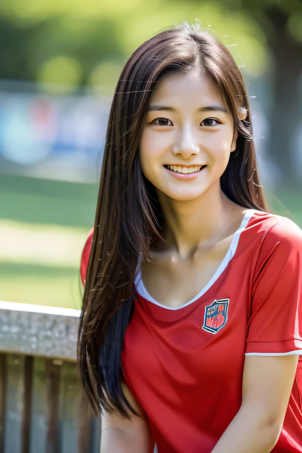 masterpiece, highest quality, Photoreal, Super detailed, finely, High resolution, 8k wallpaper, Professional, Advanced level of detail, Female college student watching soccer, Slender Japan woman, ((facing the front)), detailed clavicle, Medium chest、perfect face, medium long hair, soccer uniform、shorts、gentle smile
