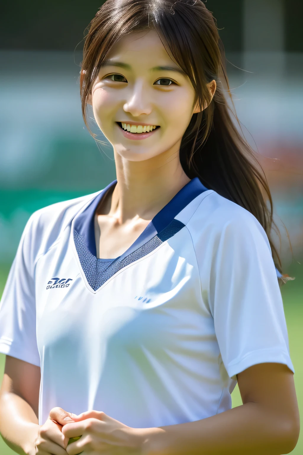 masterpiece, highest quality, Photoreal, Super detailed, finely, High resolution, 8k wallpaper, Professional, Advanced level of detail, Female college student watching soccer, Slender Japan woman, ((facing the front)), detailed clavicle, Medium chest、perfect face, medium long hair, soccer uniform、shorts、gentle smile
