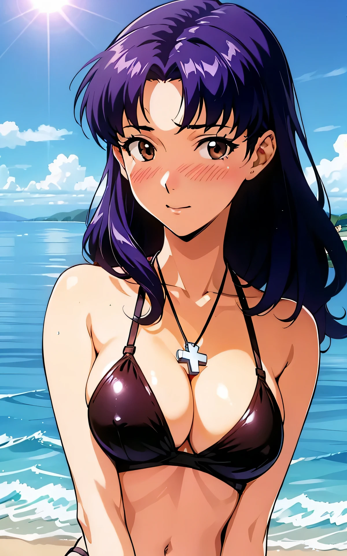 realisticlying,extremely detailed CG、high resolution、absurderes:1.8、detailed background:1.3、beautiful detailed hair、、、、1woman, attire: black bikini、middlebreast、 (((brown-eyed、 sunny sea))), Purple hair, Medium Hair, cross necklace, slim waist、((Misato katsuragi))、NERV、Perfectly detailed face、(blush:1.3, sunny sea),