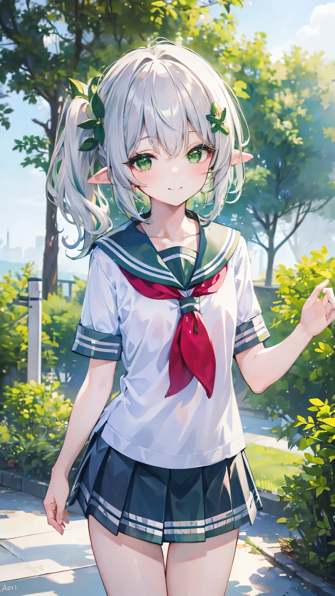 nahida, short girl, masterpiece, highres, solo, 8k, detailed, perfect face, (ultra high quality), looking viewers, collarbone, silver hair, short hair, side ponytail hair, green eyes, spike ears, sailor uniform, white uniform, seifuku uniform, skirt, smile, blush