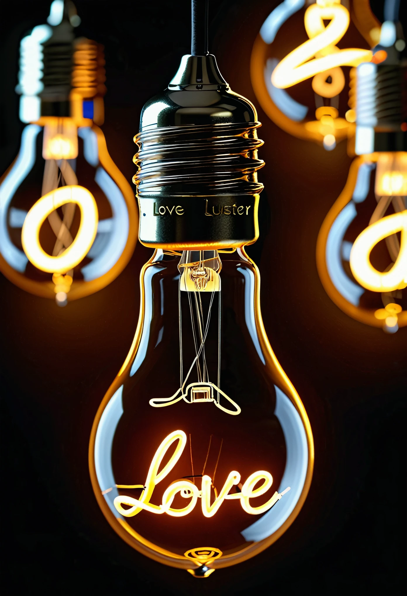 Light bulb ornament connected to wires，Glowing close-up，macro photography，Glowing filament text &quot;love&quot;,luster，dark background，8k，Highly detailed，highest quality，Art work，Concept Design，