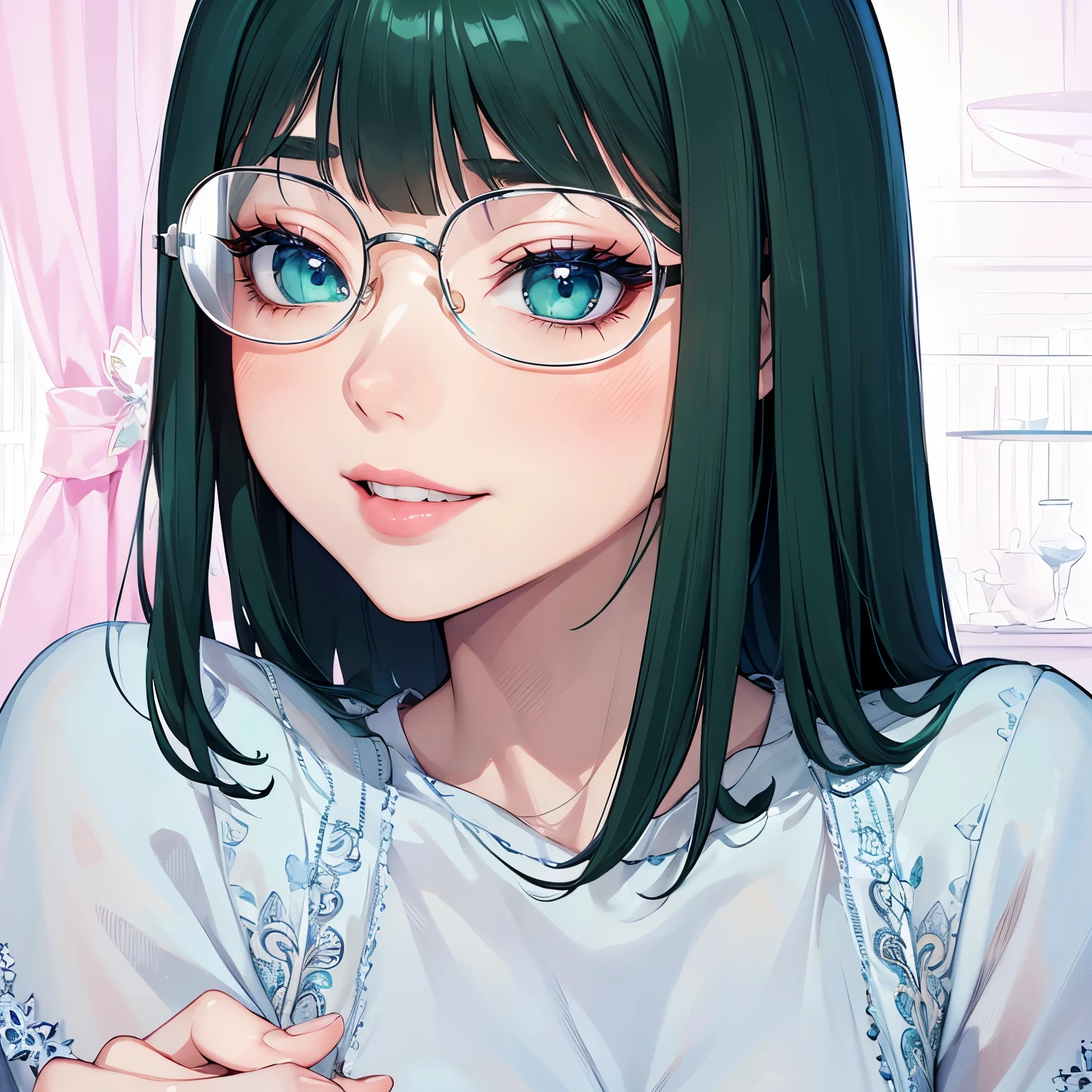 (masterpiece, best quality:1.4), (extremely detailed, 8k, uhd), cinematic shot, natural lighting, ultra highres, vibrant rich colors, (beautiful, aesthetic, perfect, delicate, intricate:1.2), (sharp focus, from front:1.3), eye level shot, 1girl, portrait of a anime girl, young, green hair, (extremely hot, attractive, beautiful, sexy, feminine:1.2) sexy, provocative, evil eyes, serious look, expressive blue eyes, long eyelashes, relaxed (evil smiling:1.2), full body (beautiful detailed face, highly detailed skin, green eyes), gorgeous, breathtaking beauty, seductive, captivating, pale skin, perfect female figure, (slim:0.5), (glasses), (highly saturated lipstick, luscious thick lips), intricate details, daytime, award winning photography, detailed background, volumetric fx, anime, hyper-detailed